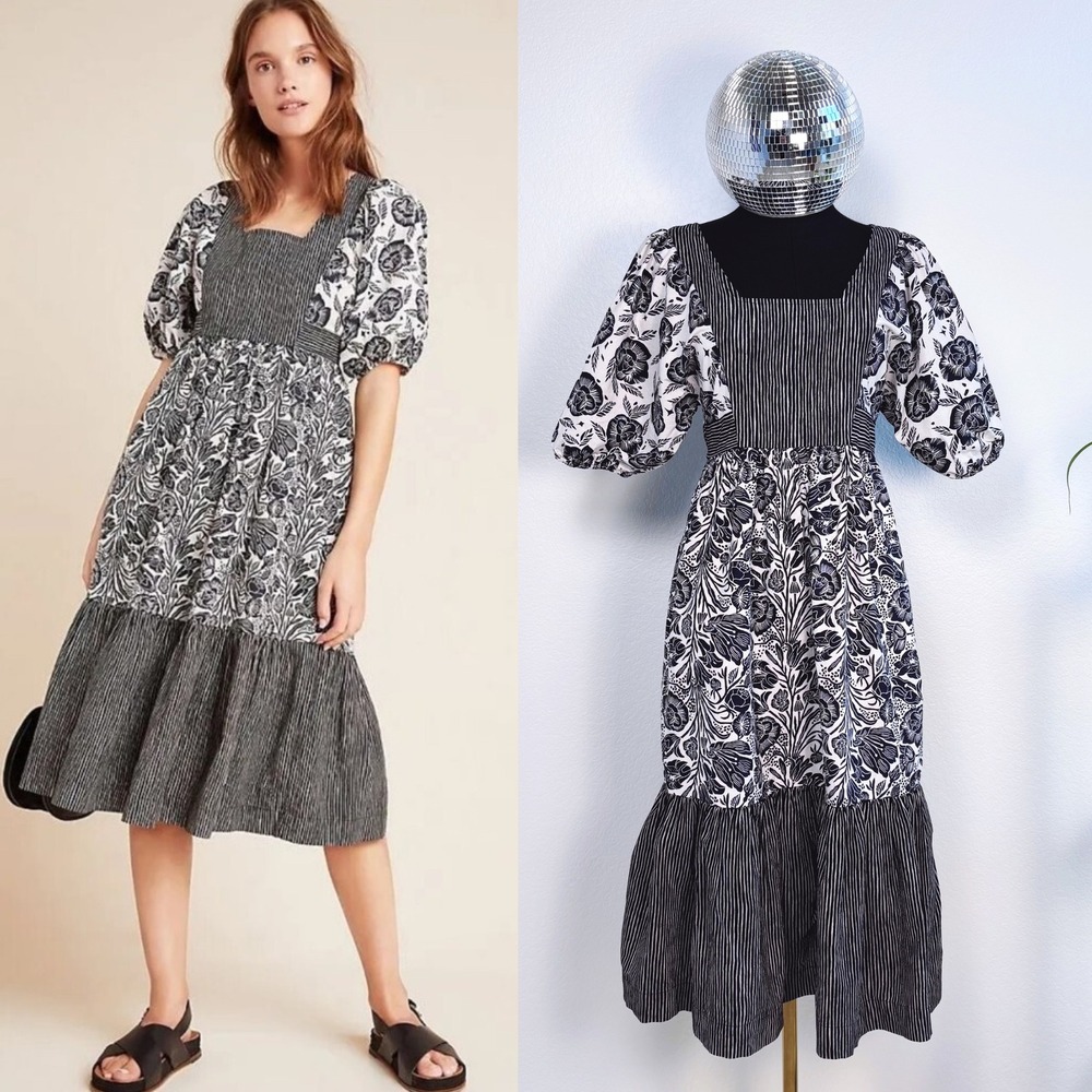 Anthropologie‎ Adrienne Flounced Midi Dress, Bloomingprint Size 0, Black White